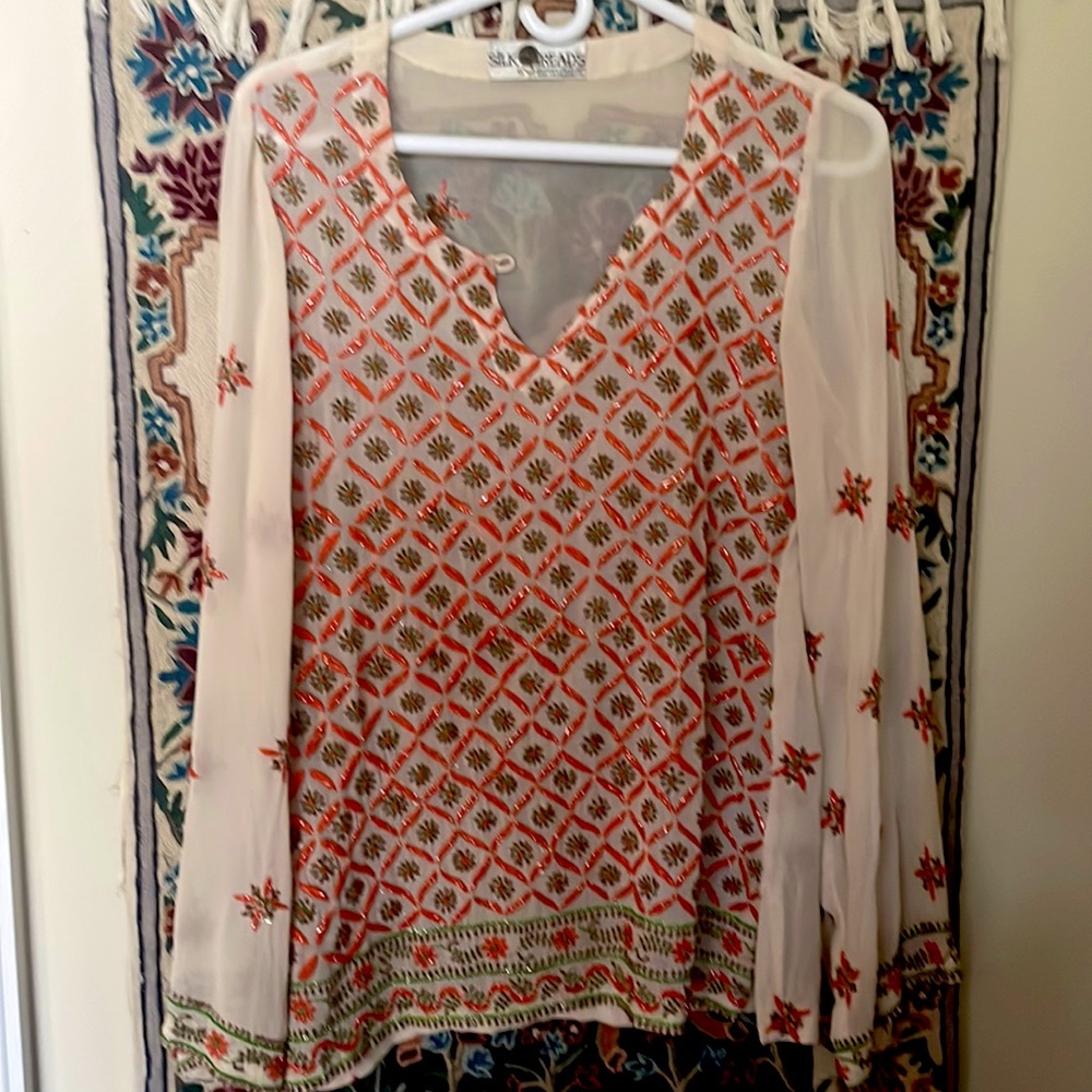 Off white long sleeve chiffon embroidered tunic